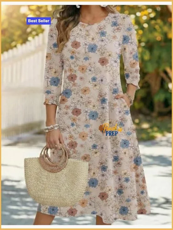 Floral Midi Dress with Pockets 3/4 Sleeve Casual Summer Dress - Picture 2 of 7